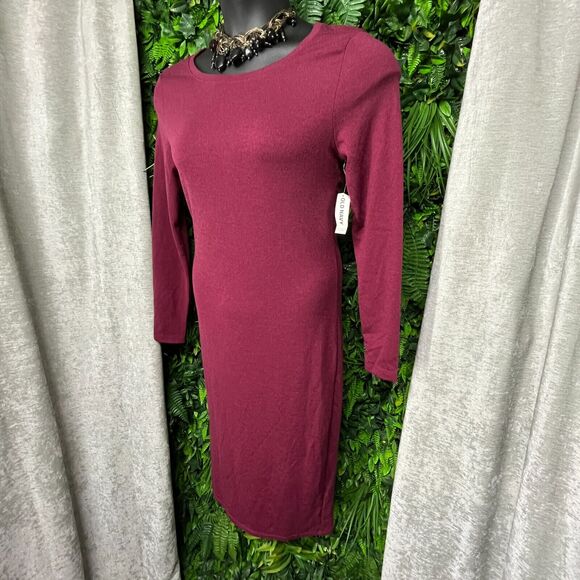Old Navy Women Dress Medium Round Neck Wine Red Midi Knit 1467 - Picture 6 of 9